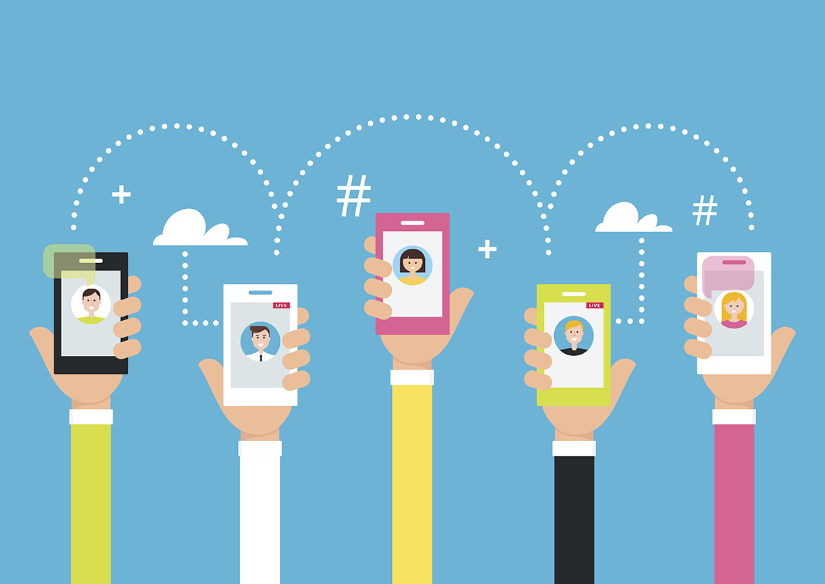 People Holding Phones in Hands. Attracting Followers and Creating Internet Community Using Smart Phone Technology and Live Broadcasting. Vector Illustration